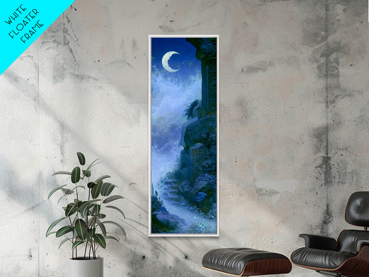 Mermaid Combing Hair Beneath a Pearl Moon Canvas Print, Fairy Tale Art, Folk Art, Living Room Decor, Fine Art, Storybook, FTA-1x3-72