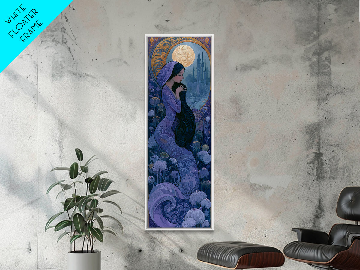 Mermaid Combing Hair Beneath a Pearl Moon Canvas Print, Fairy Tale Art, Kids Room Decor, Living Room Decor, Storybook, FTA-1x3-96