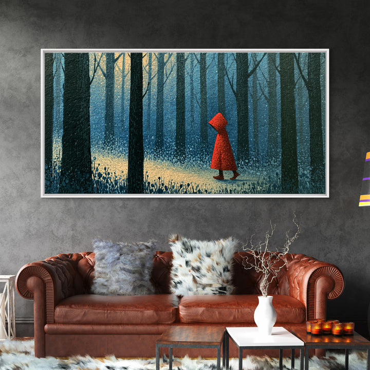 Red Cloak Figure Walking Through Dark Woods Framed Canvas Print, Fairy Tale Art, Dark Art, Living Room Decor, Storybook, FTA-2x1-100