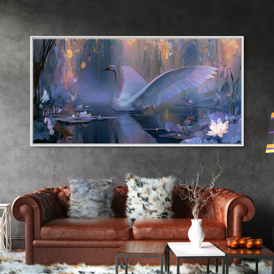 White Swan Transformation Scene Framed Canvas Print, Fairy Tale Art, Folk Art, Living Room Decor, Fine Art, Storybook, FTA-2x1-11