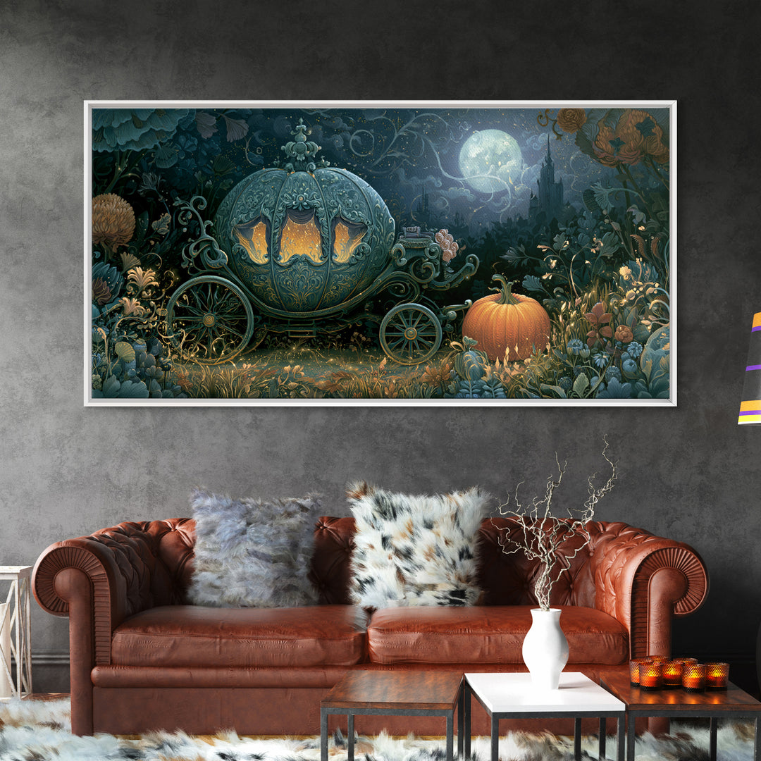Pumpkin Carriage under Midnight Sky Framed Canvas Print, Fairy Tale Art, Room Decor, Living Room Decor, Fine Art, Storybook, FTA-2x1-12