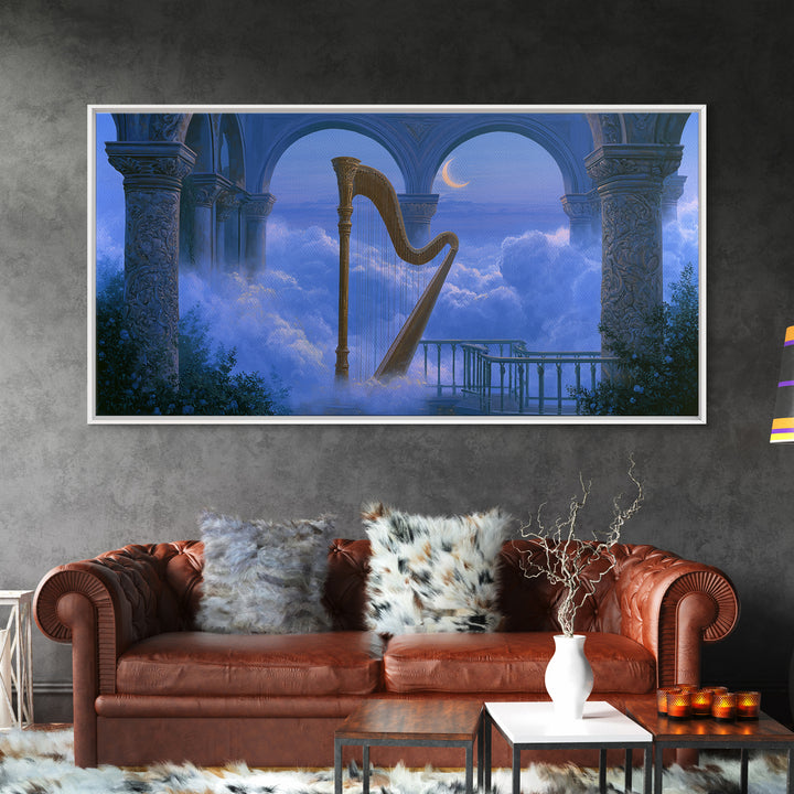 Golden Harp in a Cloud Kingdom Framed Canvas Print, Fairy Tale Art, Room Decor, Living Room Decor, Fine Art, Storybook, FTA-2x1-18