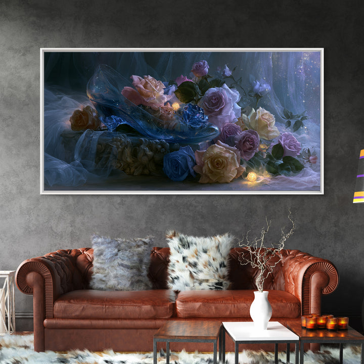 Glass Slipper Still Life Canvas Print, Fairy Tale Art, Living Room Decor, Abstract Art, Storybook, Art Nouveau, FTA-2x1-2