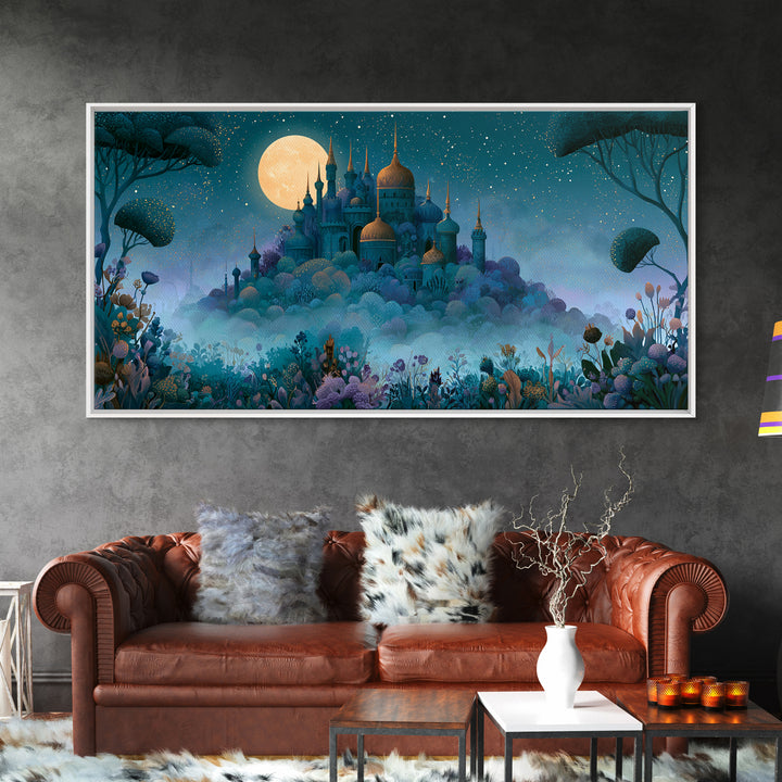 Storybook Castle on a Misty Hill Canvas Print, Fairy Tale Art, Textured Painting, Living Room Decor, Fine Art, Storybook, FTA-2x1-22