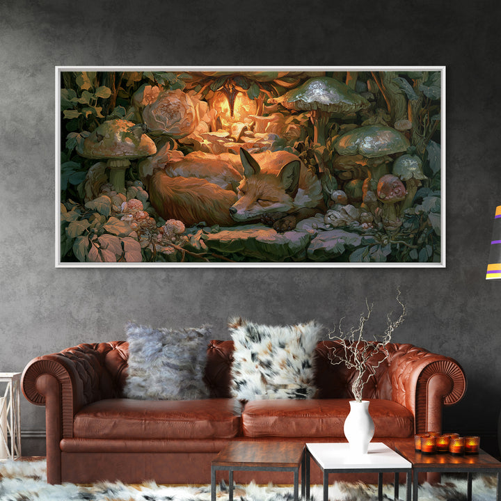 Sleeping Fox Beside a Magical Mushroom Ring Canvas Print, Fairy Tale Art, Nursery Wall Art, Living Room Decor, Storybook, FTA-2x1-23