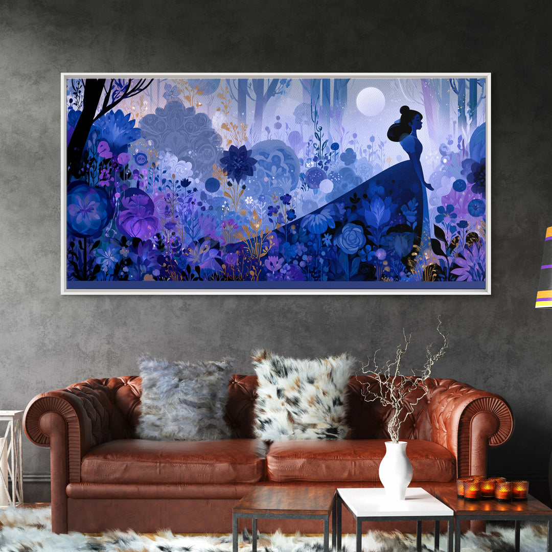 Princess Silhouette with Moonlit Garden Flowers Canvas Print, Fairy Tale Art, Minimalist Decor, Living Room Decor, Storybook, FTA-2x1-24