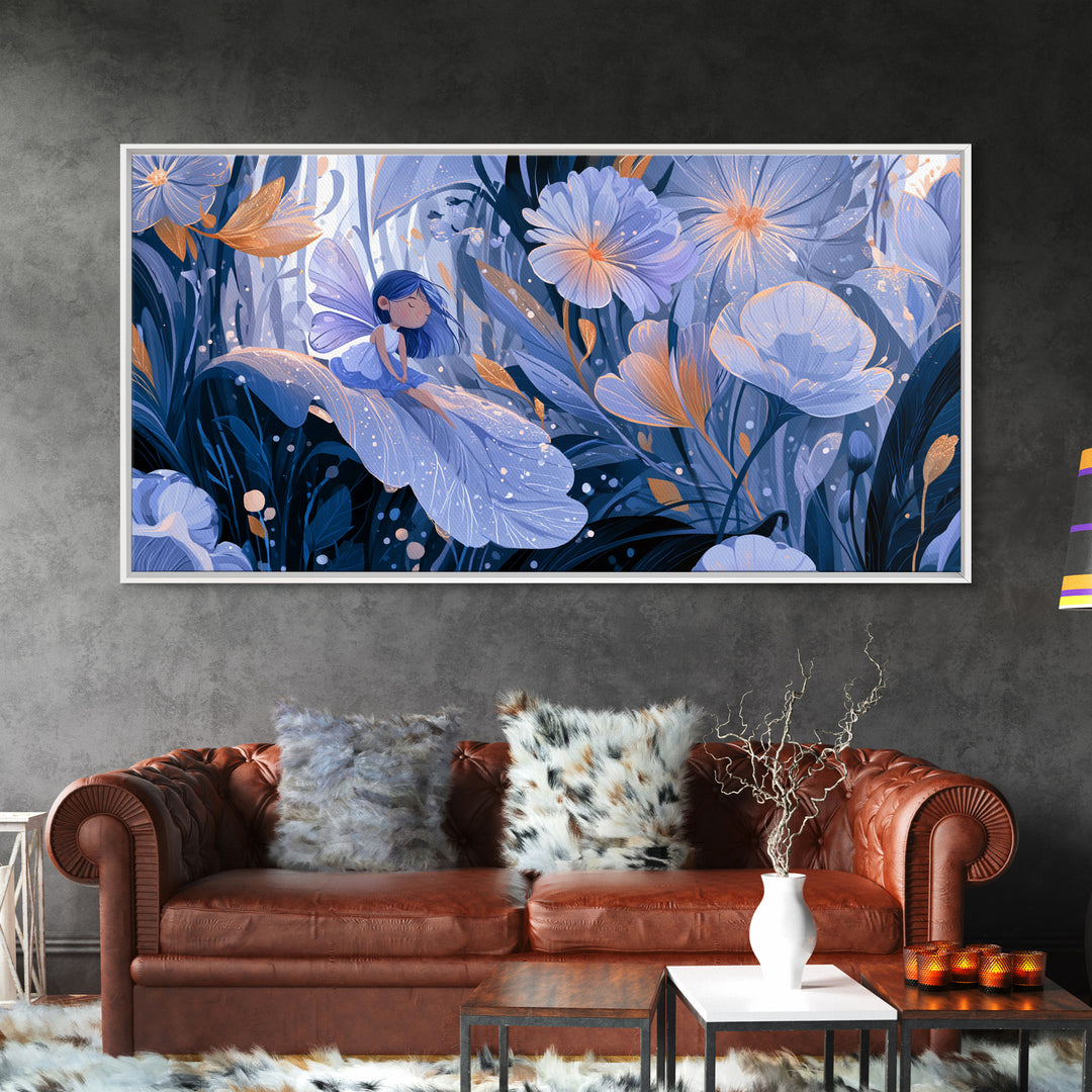 Tiny Fairy Resting on a Dew Covered Framed Canvas Print, Fairy Tale Art, Boho Decor, Living Room Decor, Fine Art, Storybook, FTA-2x1-27