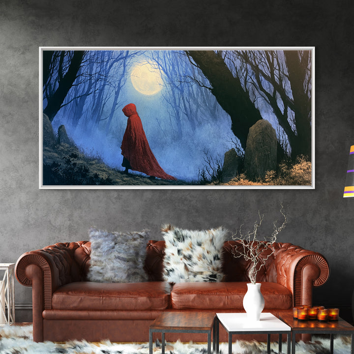 Red Cloak Figure Walking Through Dark Woods Canvas Print, Fairy Tale Art, Contemporary Art, Living Room Decor, Storybook, FTA-2x1-28