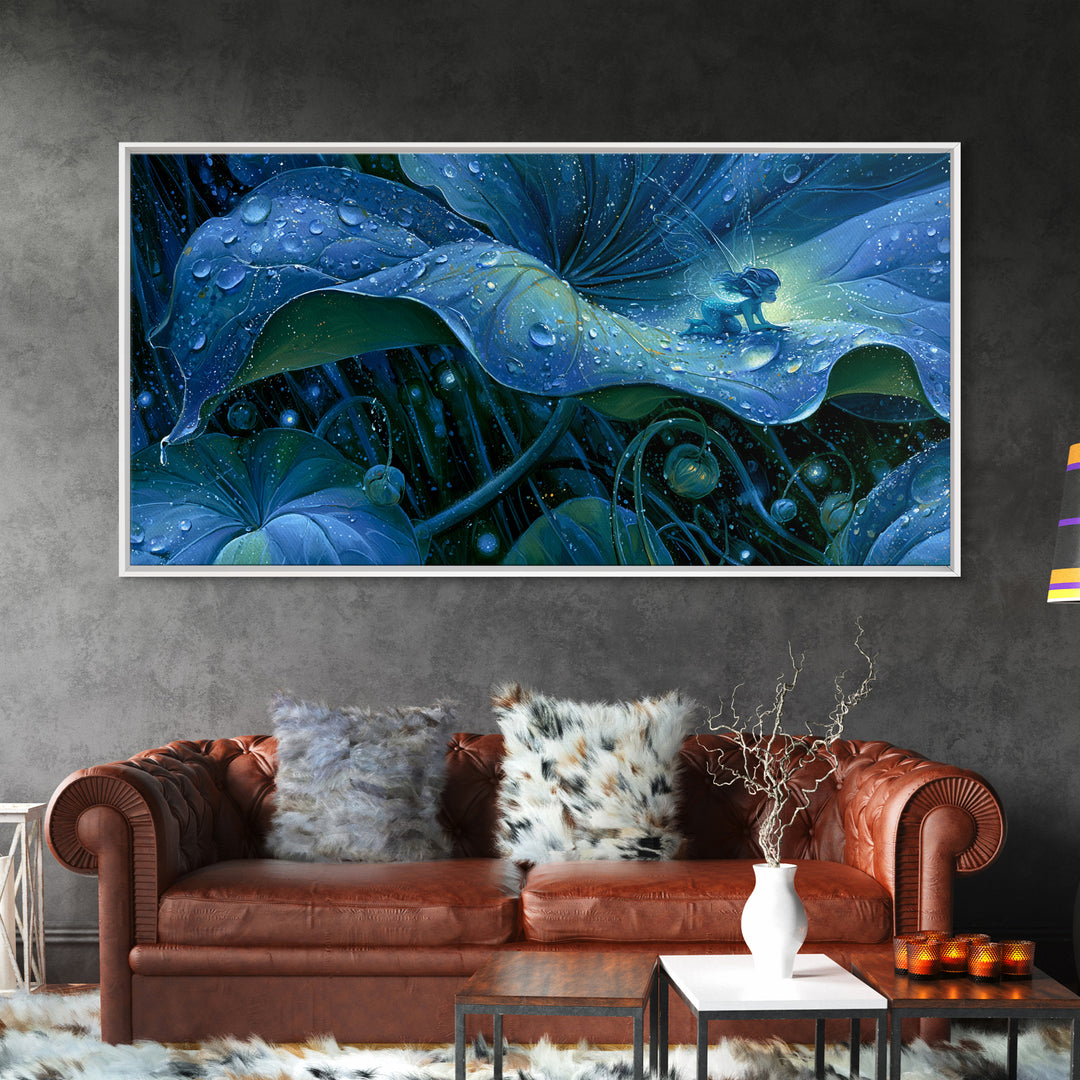 Tiny Fairy Resting on a Dew Covered Framed Canvas Print, Fairy Tale Art, Printable Art, Living Room Decor, Oil Painting, FTA-2x1-3