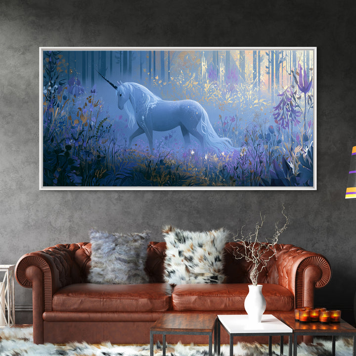 Unicorn in a Moonlit Meadow Framed Canvas Print, Fairy Tale Art, Minimalist Decor, Living Room Decor, Oil Painting, Storybook, FTA-2x1-30