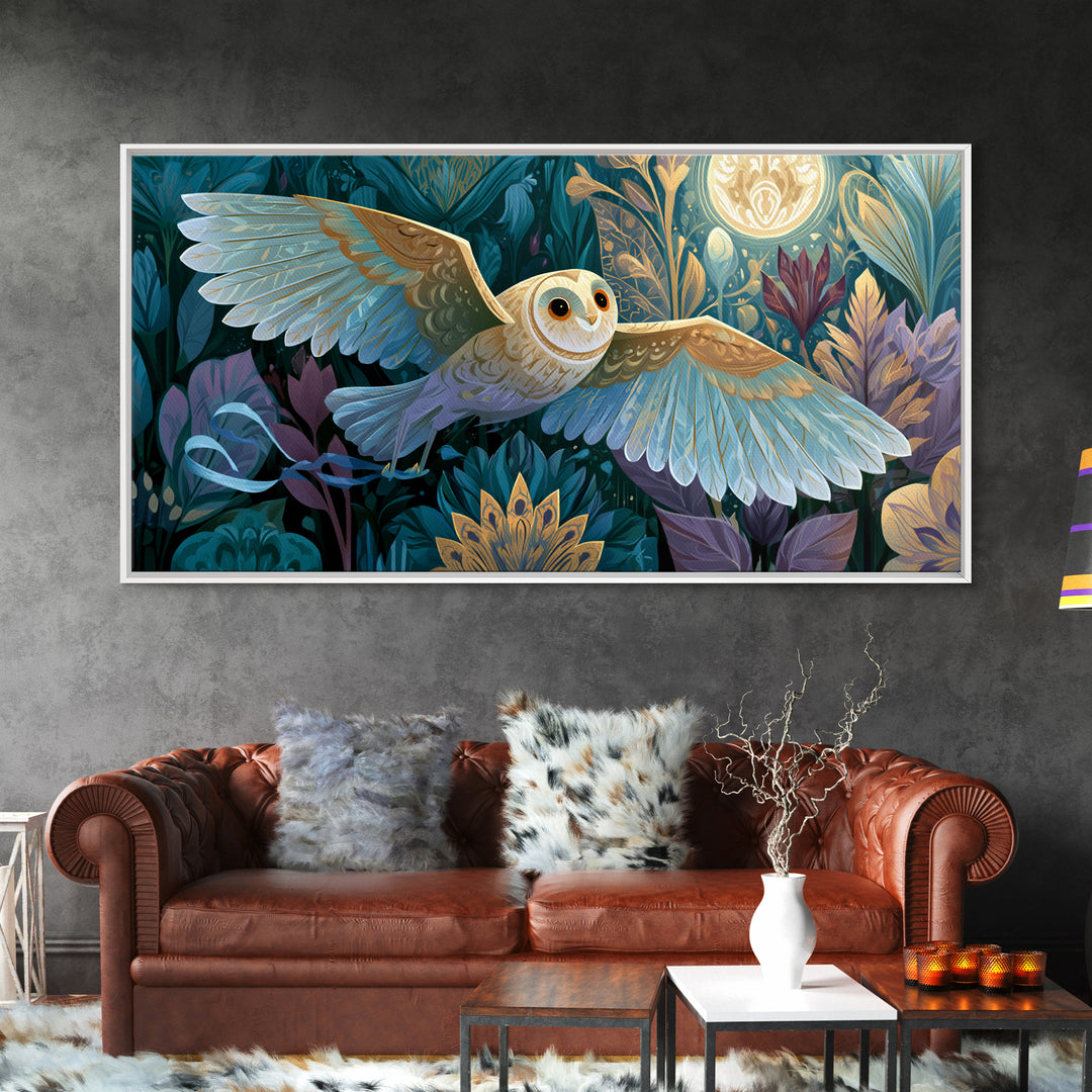 Owl Messenger Carrying a Tiny Ribbon Framed Canvas Print, Fairy Tale Art, Art Print, Living Room Decor, Fine Art, Storybook, FTA-2x1-37