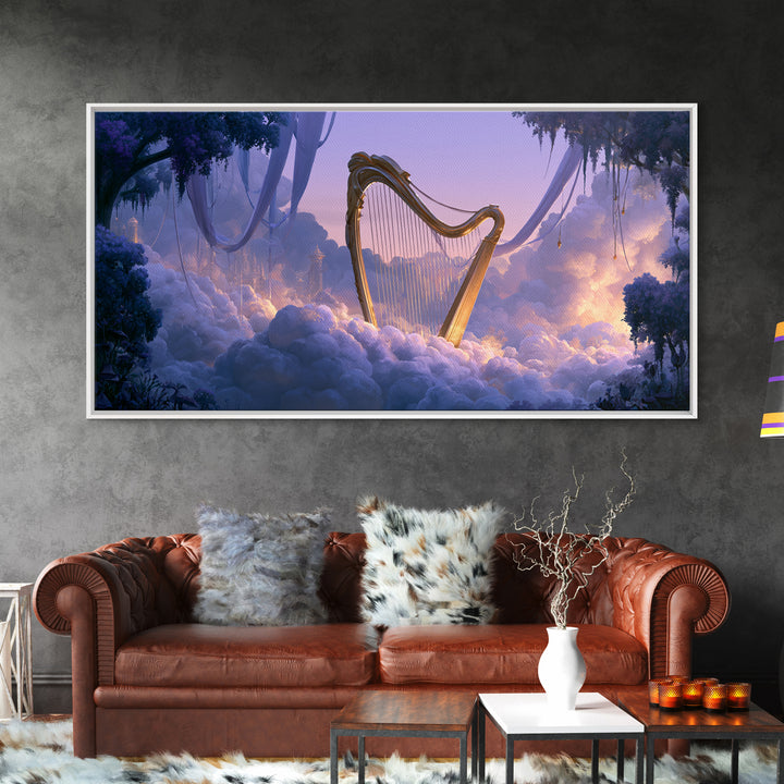 Golden Harp in a Cloud Kingdom Framed Canvas Print, Fairy Tale Art, Room Decor, Living Room Decor, Fine Art, Storybook, FTA-2x1-42