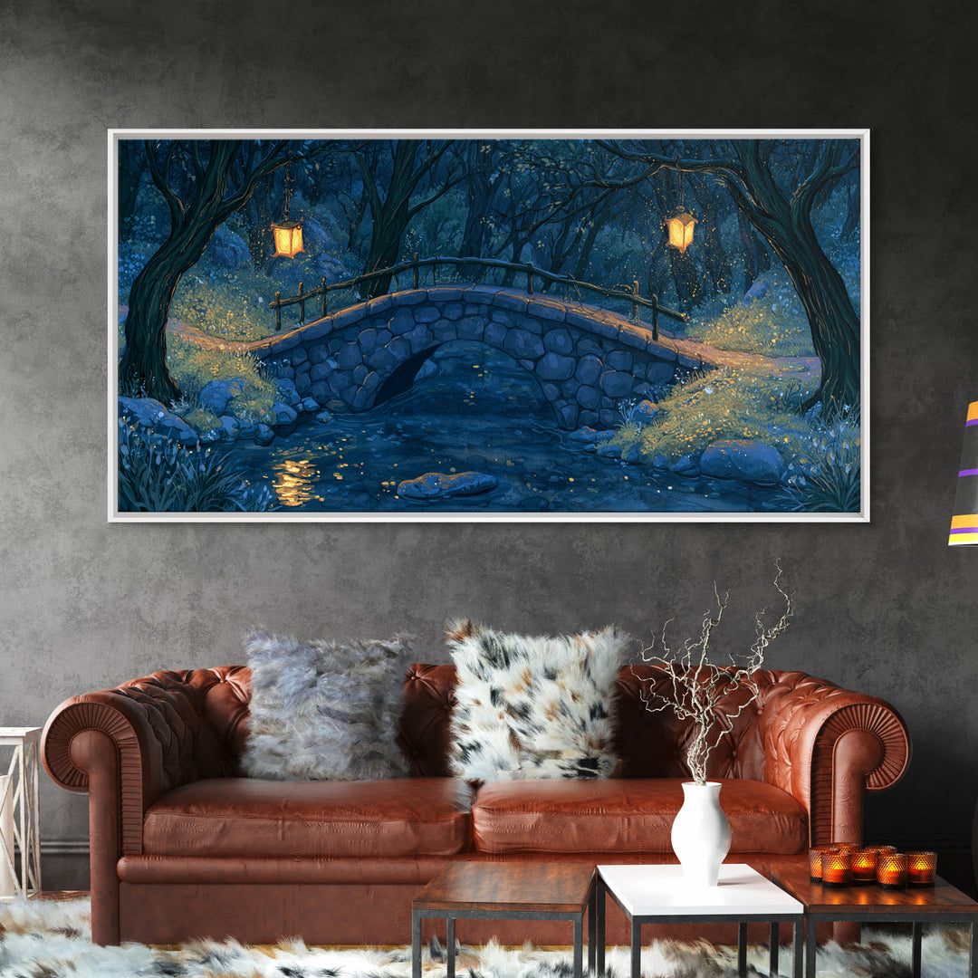 Lantern Lit Bridge Framed Canvas Print, Fairy Tale Art, Original Art, Living Room Decor, Fine Art, Storybook, Folk Art, FTA-2x1-43