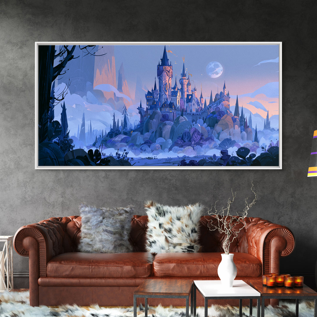 Storybook Castle on a Misty Hill Framed Canvas Print, Fairy Tale Art, Wall Decor, Living Room Decor, Fine Art, Storybook, FTA-2x1-46