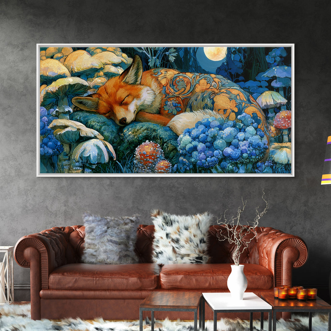 Sleeping Fox Beside a Magical Mushroom Ring Canvas Print, Fairy Tale Art, Boho Wall Art, Living Room Decor, Oil Painting, FTA-2x1-47