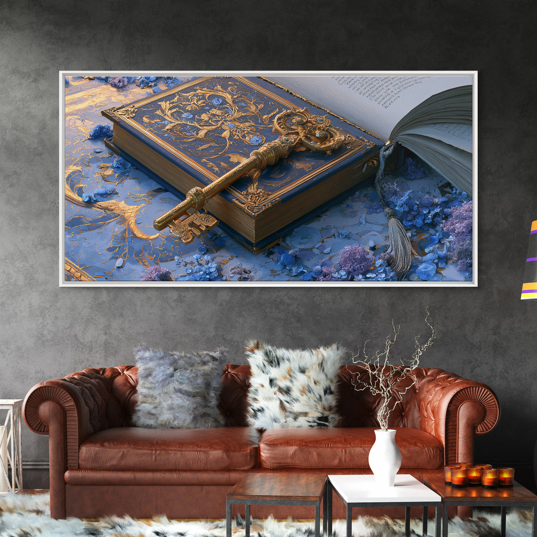 Golden Key and Enchanted Book Still Life Canvas Print, Fairy Tale Art, Nursery Wall Art, Living Room Decor, Storybook, FTA-2x1-5