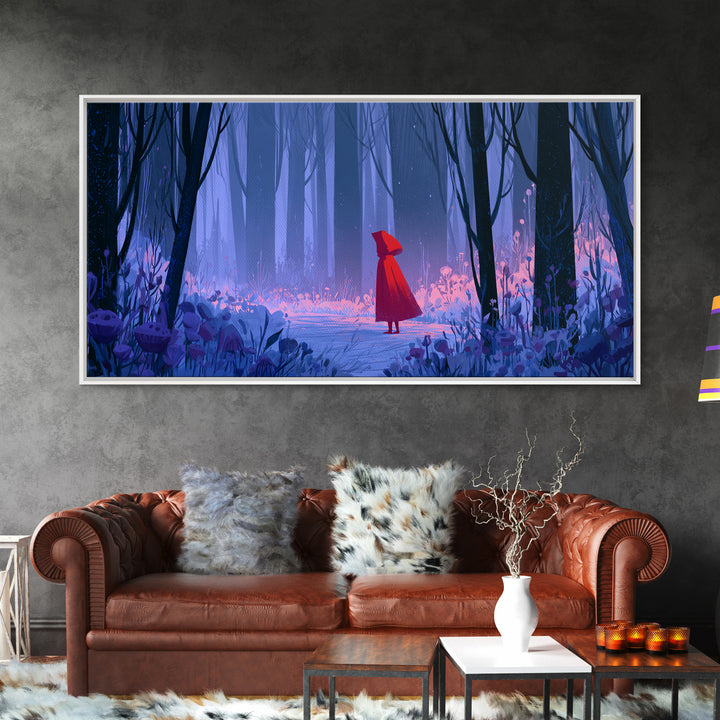 Red Cloak Figure Walking Through Dark Woods Canvas Print, Fairy Tale Art, Art Print, Living Room Decor, Oil Painting, Storybook, FTA-2x1-52