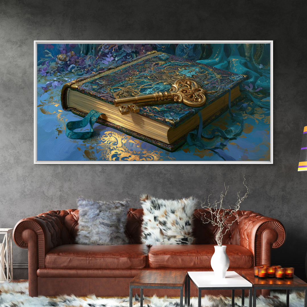 Golden Key and Enchanted Book Still Life Canvas Print, Fairy Tale Art, Boho Wall Art, Living Room Decor, Oil Painting, FTA-2x1-53