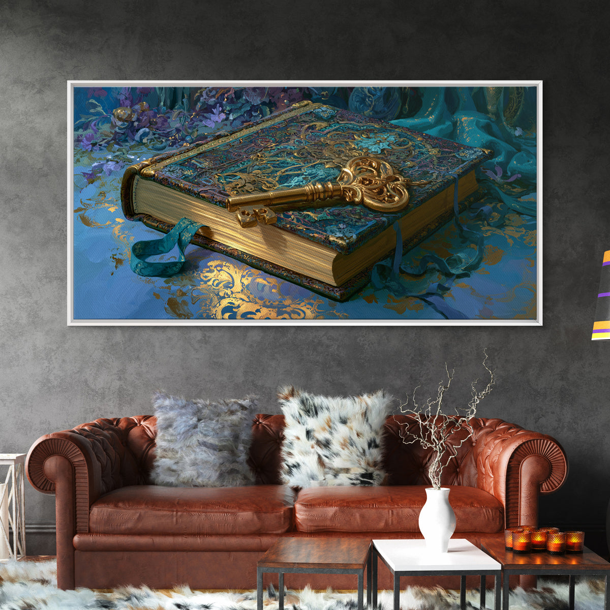 Golden Key and Enchanted Book Still Life Canvas Print, Fairy Tale Art, Boho Wall Art, Living Room Decor, Oil Painting, FTA-2x1-53