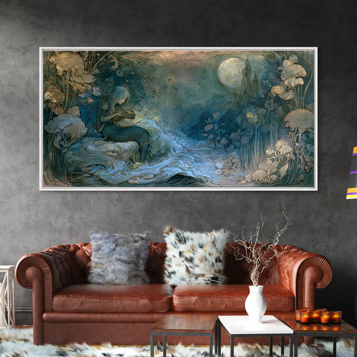 Mermaid Combing Hair Beneath a Pearl Moon Canvas Print, Fairy Tale Art, Printable Wall Art, Living Room Decor, Storybook, FTA-2x1-56