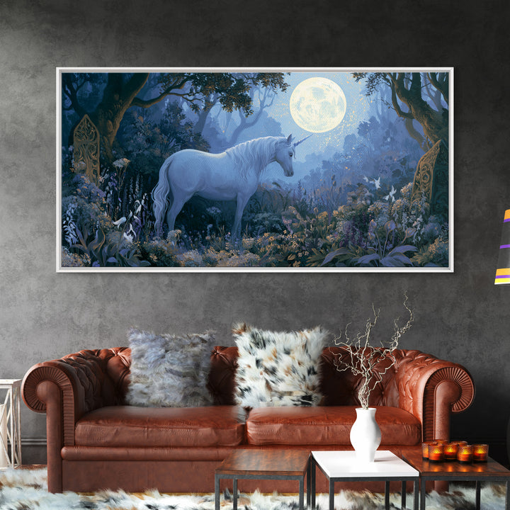 Unicorn in a Moonlit Meadow Framed Canvas Print, Fairy Tale Art, Minimalist Decor, Living Room Decor, Oil Painting, Storybook, FTA-2x1-6
