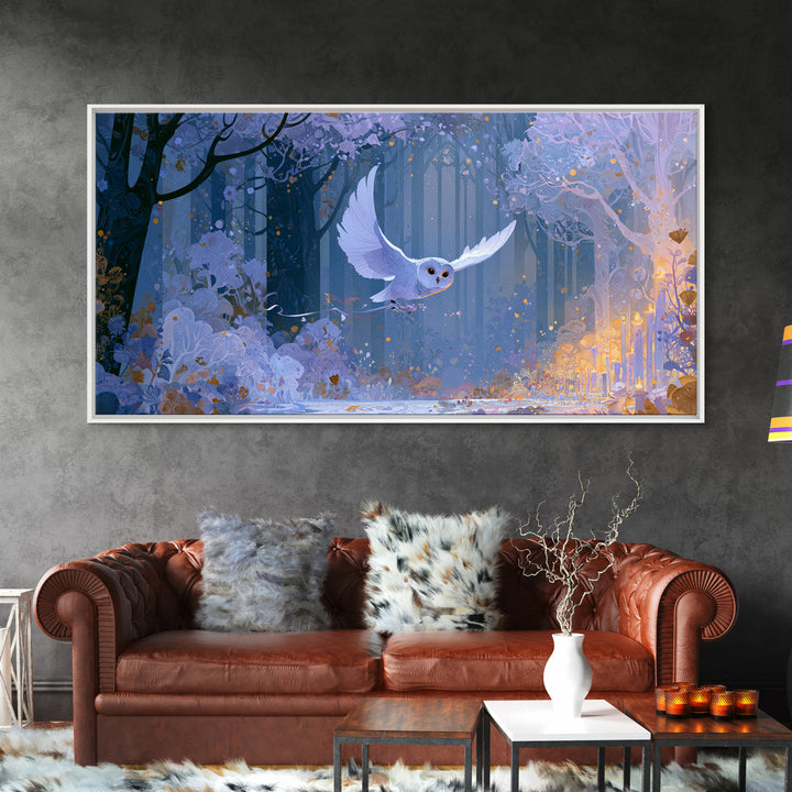 Owl Messenger Carrying a Tiny Ribbon Canvas Print, Fairy Tale Art, Canvas Wall Art, Living Room Decor, Fine Art, Storybook, FTA-2x1-61