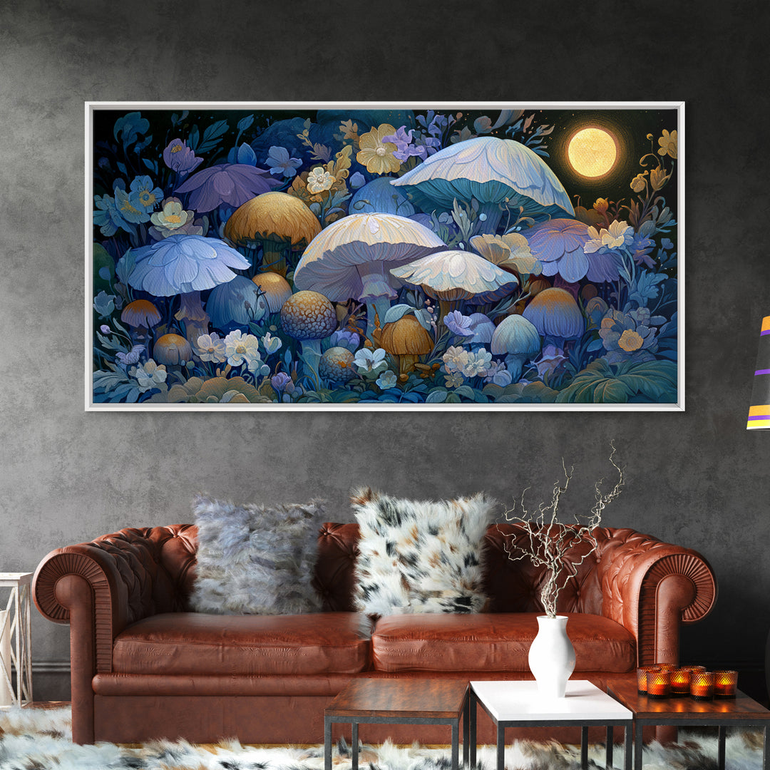 Fairy Ring of Mushrooms and Wildflowers Framed Canvas Print, Fairy Tale Art, Abstract Art, Living Room Decor, Storybook, FTA-2x1-65