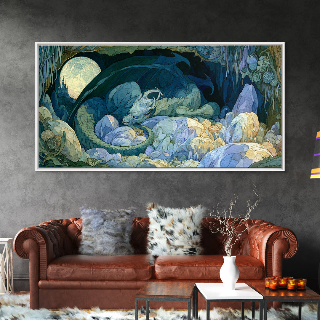 Sleeping Dragon in a Cave of Crystals Canvas Print, Fairy Tale Art, Nursery Wall Art, Living Room Decor, Watercolor Art, FTA-2x1-68