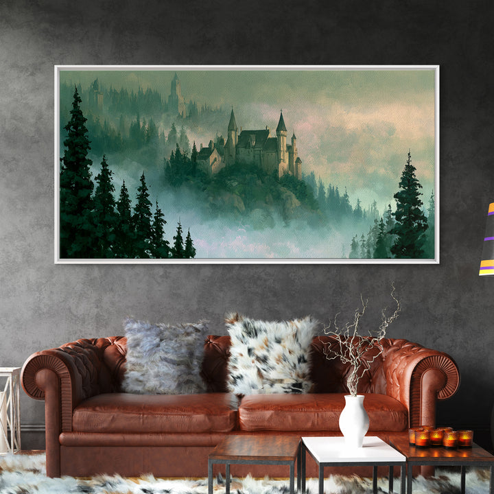 Storybook Castle on a Misty Hill Canvas Print, Fairy Tale Art, Original Art, Living Room Decor, Fine Art, Storybook, Folk Art, FTA-2x1-70