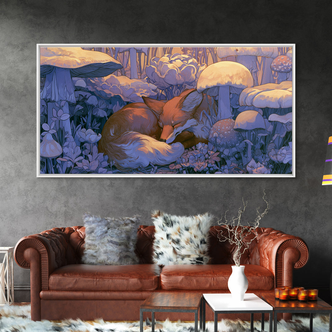 Sleeping Fox Beside a Magical Mushroom Ring Canvas Print, Fairy Tale Art, Kids Room Decor, Living Room Decor, Abstract Art, FTA-2x1-71