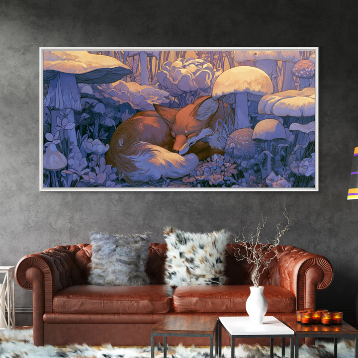 Sleeping Fox Beside a Magical Mushroom Ring Canvas Print, Fairy Tale Art, Kids Room Decor, Living Room Decor, Abstract Art, FTA-2x1-71