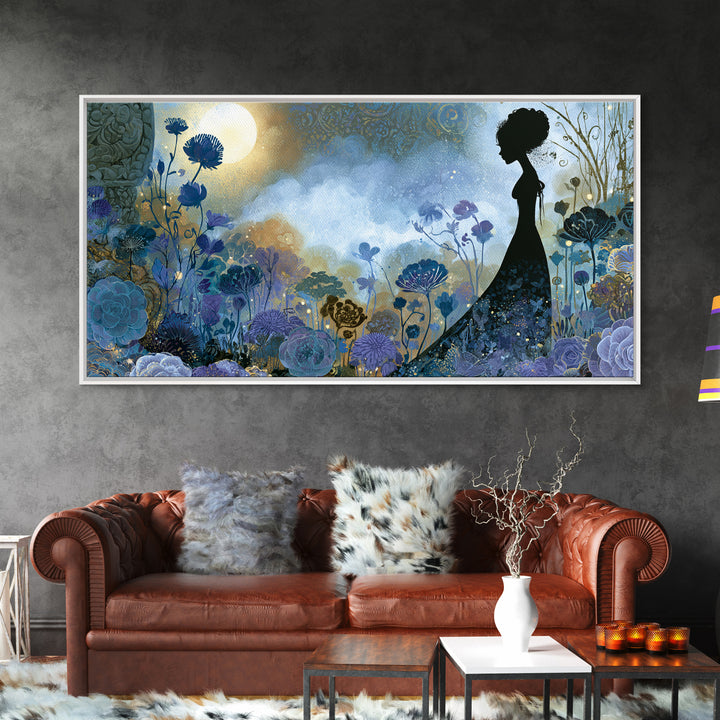 Princess Silhouette with Moonlit Garden Flowers Canvas Print, Fairy Tale Art, Art Nouveau, Living Room Decor, Storybook, FTA-2x1-72