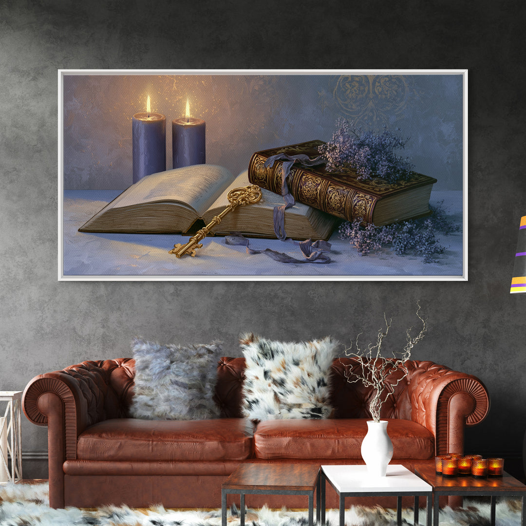 Golden Key and Enchanted Book Still Life Canvas Print, Fairy Tale Art, Boho Wall Art, Living Room Decor, Oil Painting, FTA-2x1-77