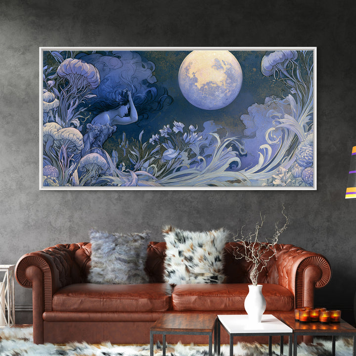 Mermaid Combing Hair Beneath a Pearl Moon Canvas Print, Fairy Tale Art, Luxury Decor, Living Room Decor, Storybook, FTA-2x1-8