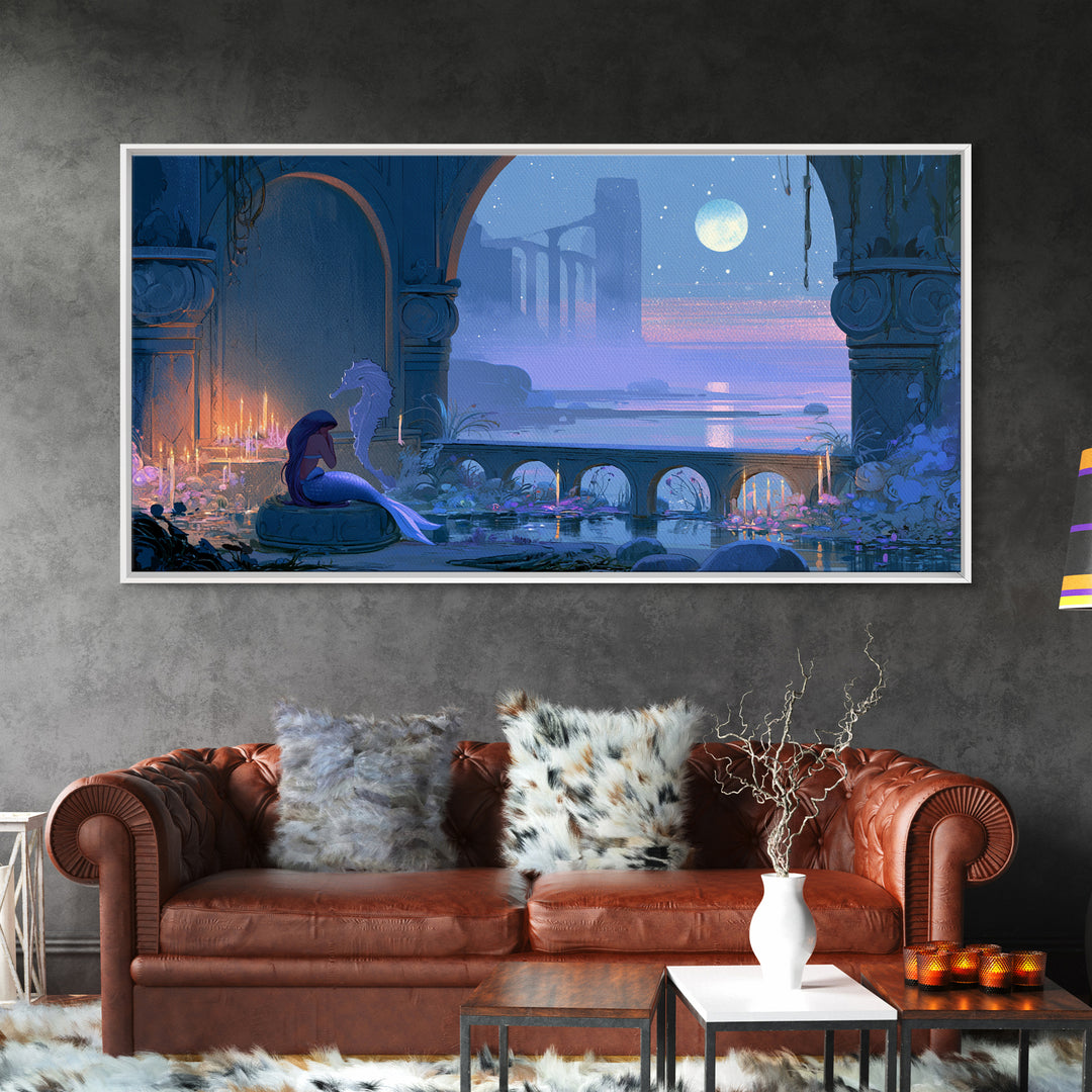 Mermaid Combing Hair Beneath a Pearl Moon Framed Canvas Print, Fairy Tale Art, Nursery Art, Living Room Decor, Storybook, FTA-2x1-80