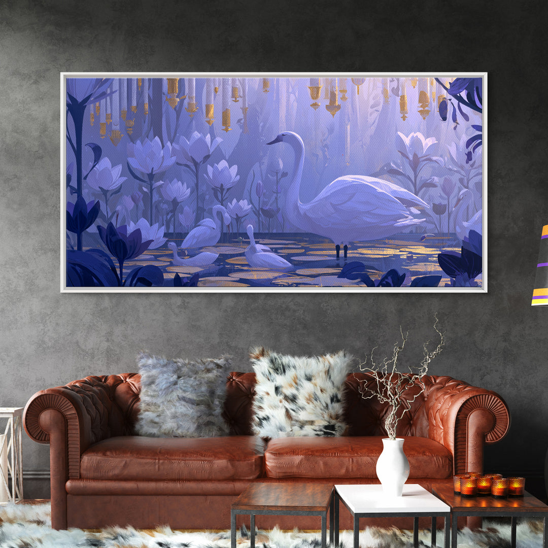 White Swan Transformation Scene Framed Canvas Print, Fairy Tale Art, Painting, Living Room Decor, Fine Art, Storybook, FTA-2x1-83
