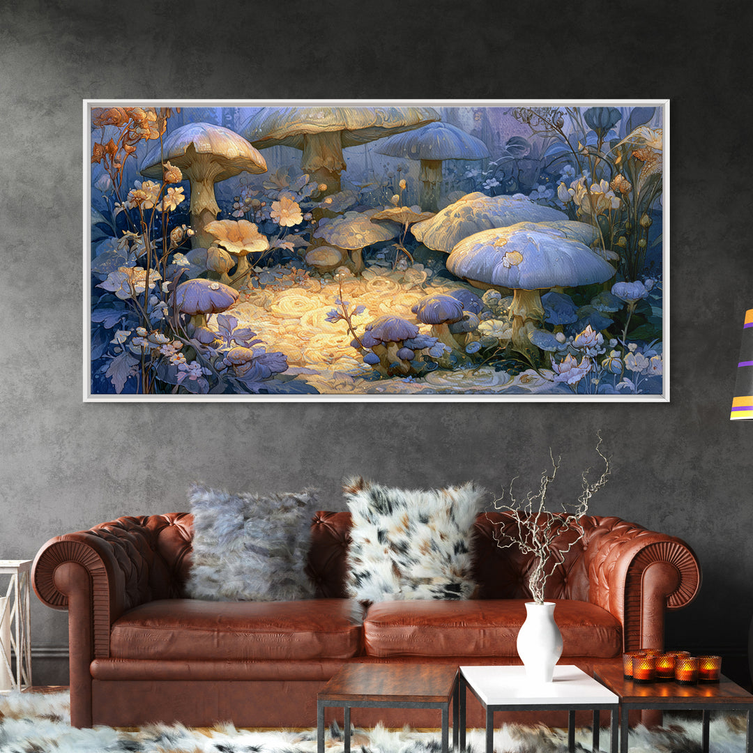 Fairy Ring of Mushrooms and Wildflowers Canvas Print, Fairy Tale Art, Nursery Art, Living Room Decor, Oil Painting, Storybook, FTA-2x1-89