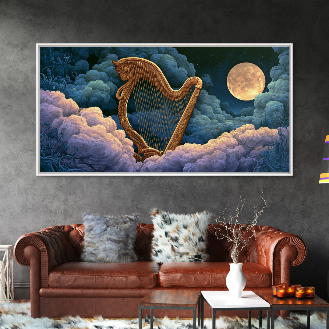 Golden Harp in a Cloud Kingdom Framed Canvas Print, Fairy Tale Art, Art Deco, Living Room Decor, Oil Painting, Storybook, FTA-2x1-90