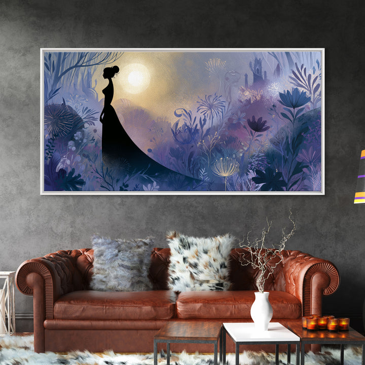 Princess Silhouette with Moonlit Garden Flowers Canvas Print, Fairy Tale Art, Princess Wall Art, Living Room Decor, Storybook, FTA-2x1-96