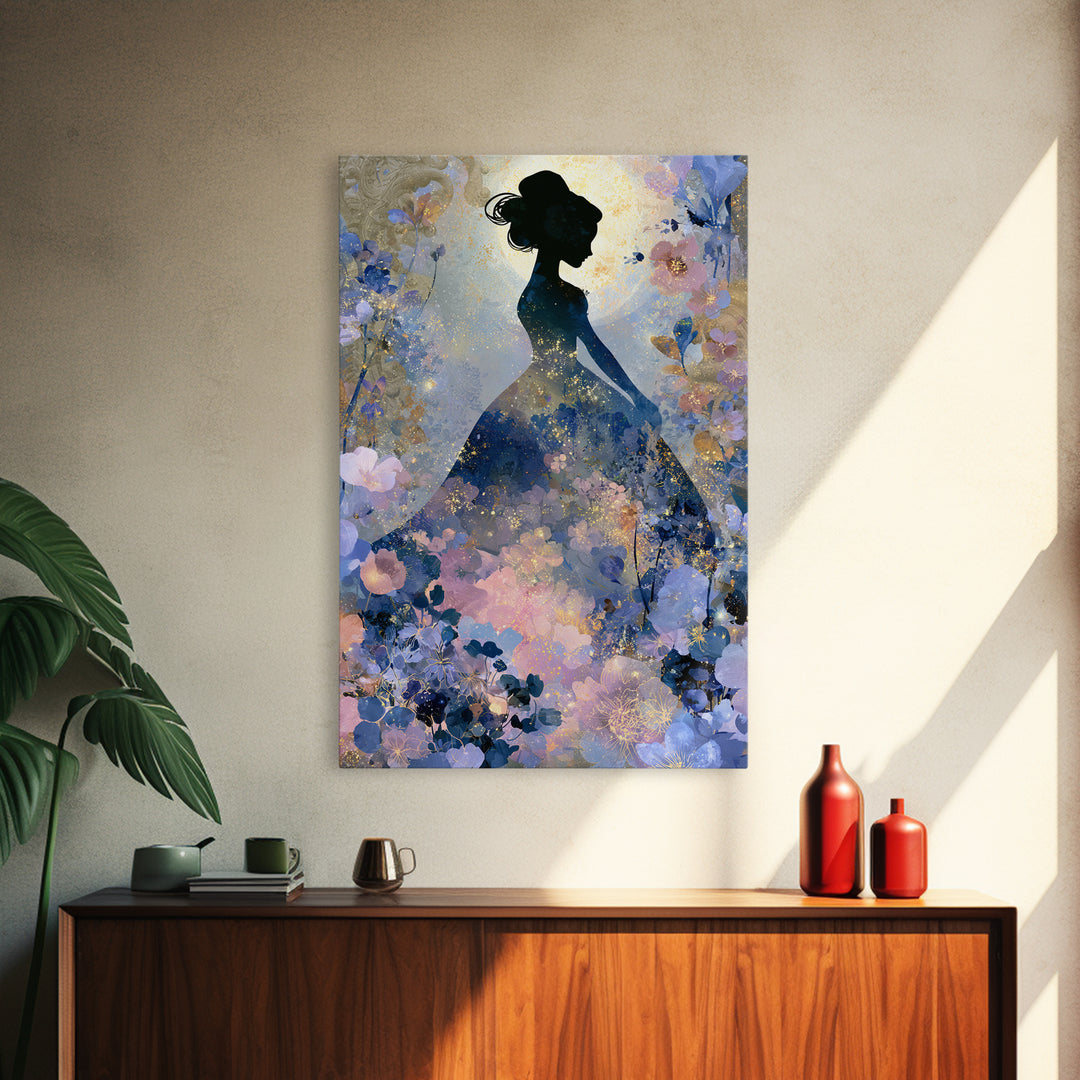Princess Silhouette with Moonlit Garden Flowers Framed Canvas Print, Fairy Tale Art, Art Deco, Living Room Decor, Storybook, FTA-2x3-12
