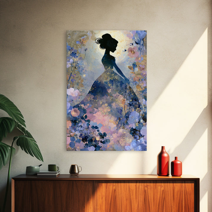 Princess Silhouette with Moonlit Garden Flowers Framed Canvas Print, Fairy Tale Art, Art Deco, Living Room Decor, Storybook, FTA-2x3-12
