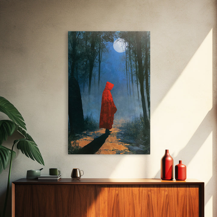 Red Cloak Figure Walking Through Dark Woods Canvas Print, Fairy Tale Art, Gallery Decor, Living Room Decor, Fine Art, Storybook, FTA-2x3-16