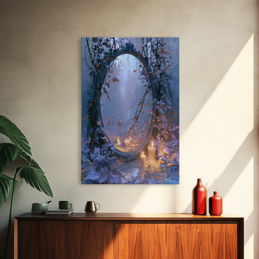 Magic Mirror Framed by Vines and Thorns Framed Canvas Print, Fairy Tale Art, Art Deco, Living Room Decor, Oil Painting, FTA-2x3-21