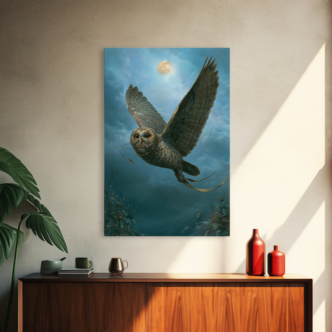 Owl Messenger Carrying a Tiny Ribbon Framed Canvas Print, Fairy Tale Art, Original Art, Living Room Decor, Fine Art, Storybook, FTA-2x3-25