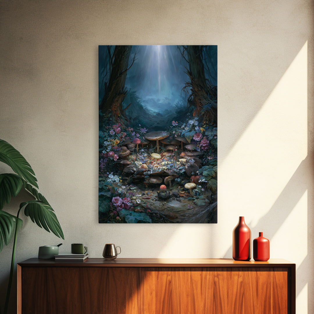 Fairy Ring of Mushrooms and Wildflowers Canvas Print, Fairy Tale Art, Nursery Wall Art, Living Room Decor, Watercolor Art, FTA-2x3-29