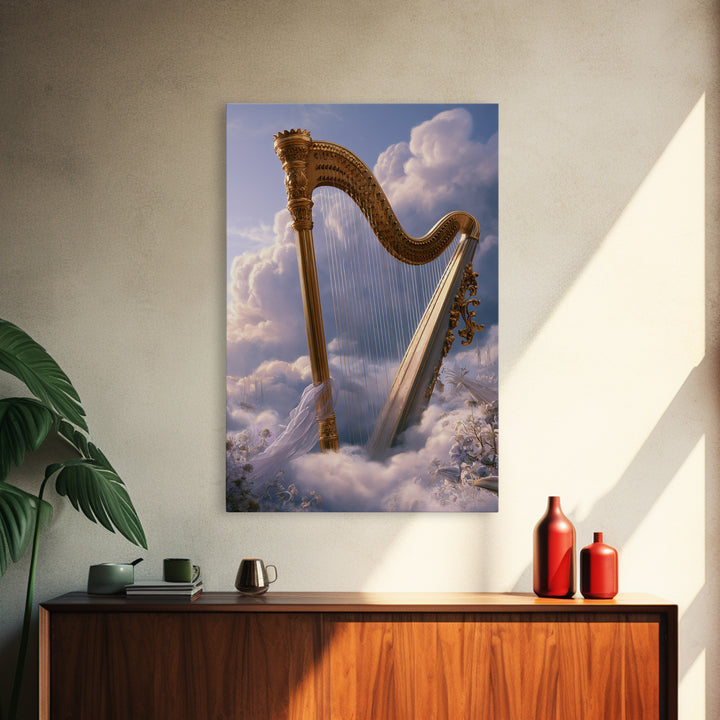 Golden Harp in a Cloud Kingdom Framed Canvas Print, Fairy Tale Art, Minimalist Decor, Living Room Decor, Fine Art, Storybook, FTA-2x3-30
