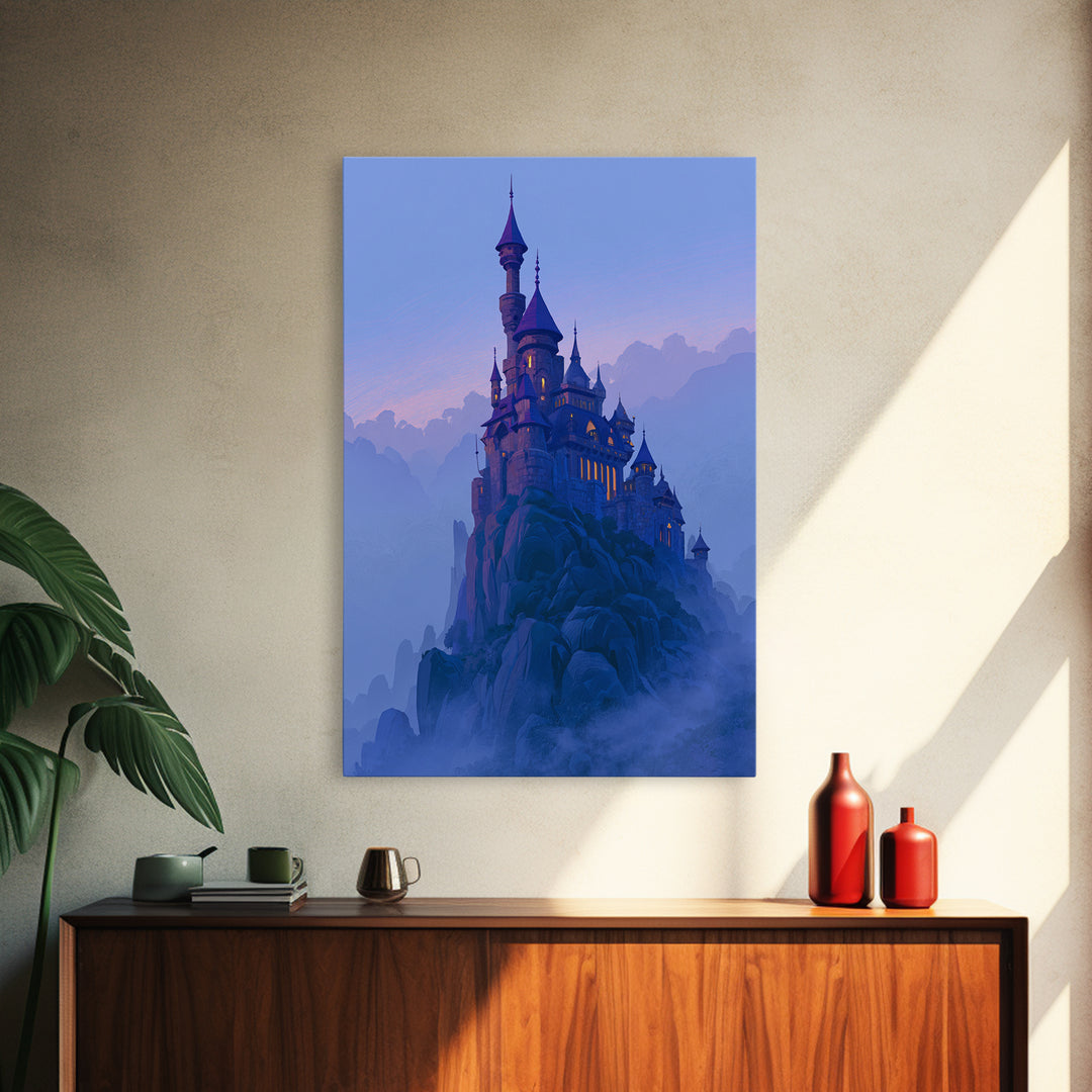 Storybook Castle on a Misty Hill Framed Canvas Print, Fairy Tale Art, Art Print, Living Room Decor, Fine Art, Storybook, FTA-2x3-34
