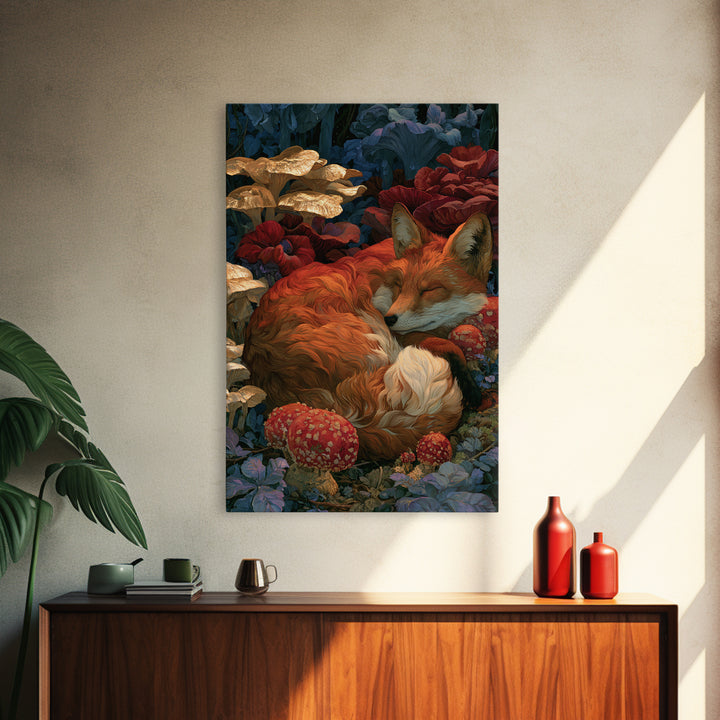 Sleeping Fox Beside a Magical Mushroom Ring Canvas Print, Fairy Tale Art, Nursery Wall Art, Living Room Decor, Watercolor Art, FTA-2x3-35