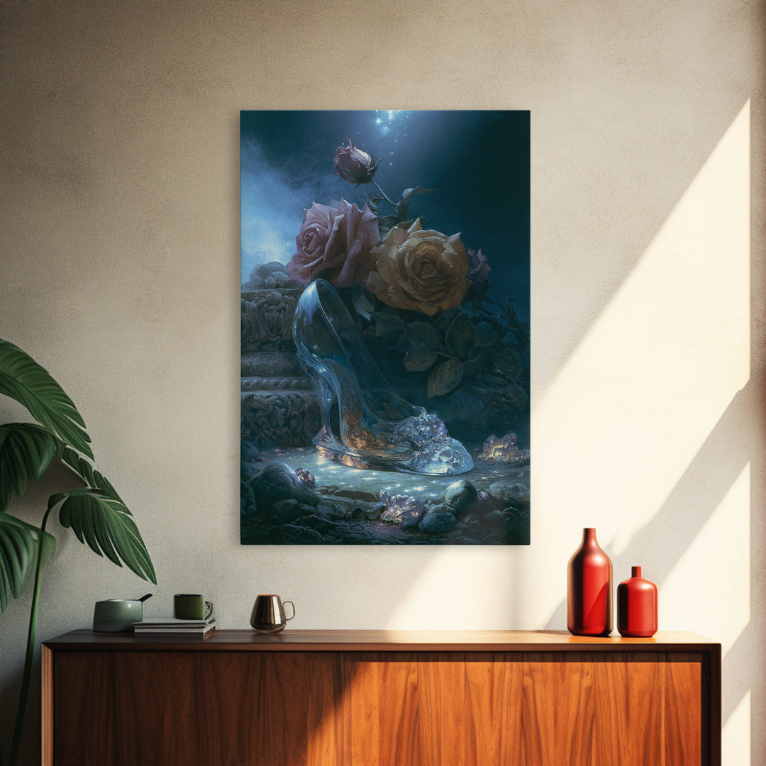 Glass Slipper Still Life Framed Canvas Print, Fairy Tale Art, Printable Wall Art, Living Room Decor, Fine Art, Storybook, FTA-2x3-38