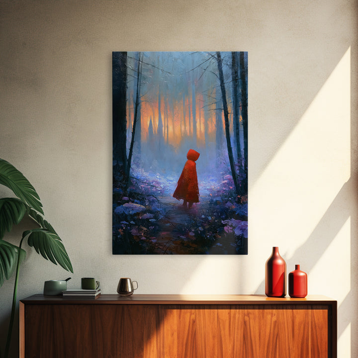 Red Cloak Figure Walking Through Dark Woods Canvas Print, Fairy Tale Art, Contemporary Art, Living Room Decor, Storybook, FTA-2x3-40